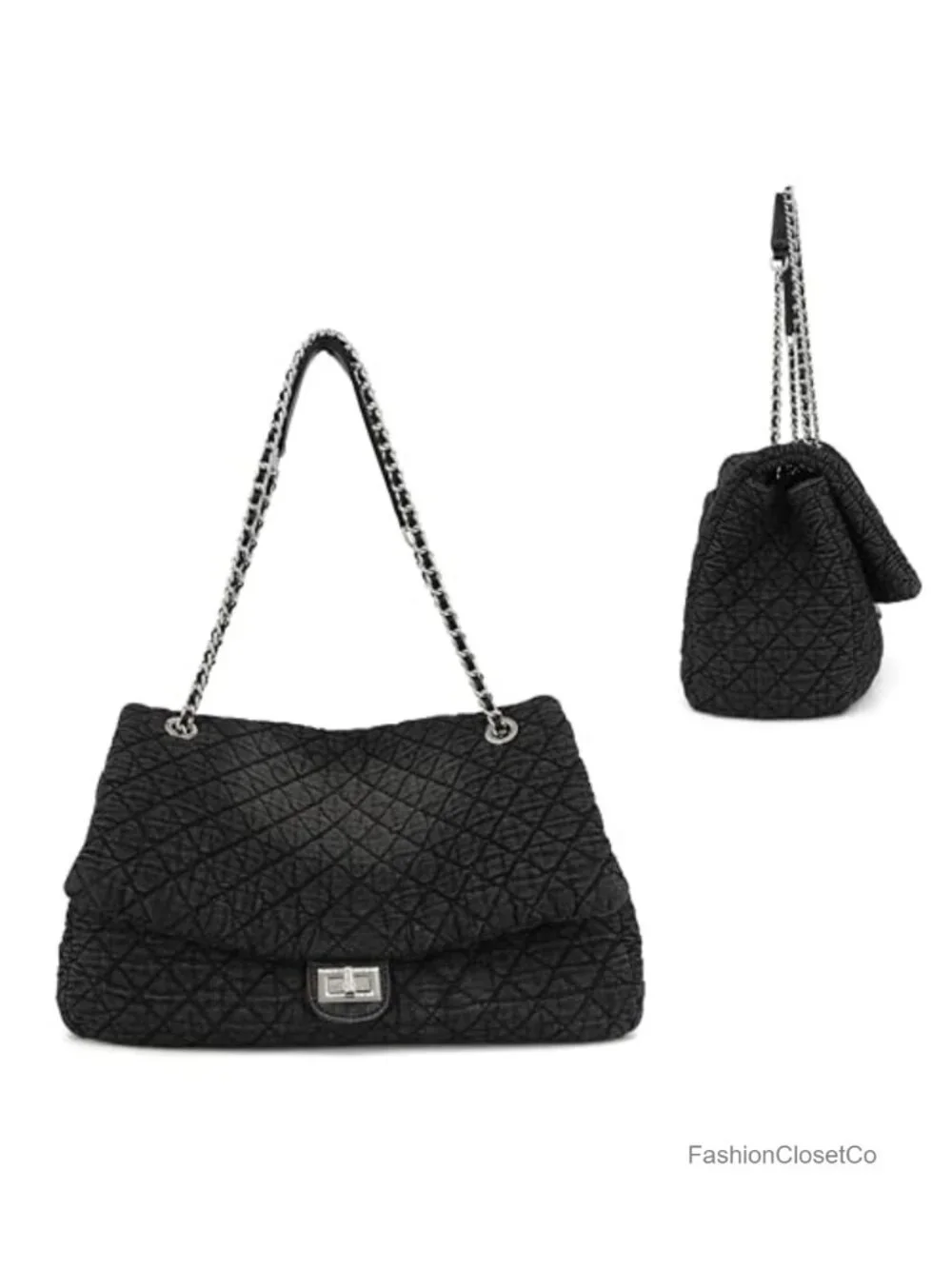 Extra Large Quilted Denim Hobo Bag with Chain Straps and Flap Closure for Travel